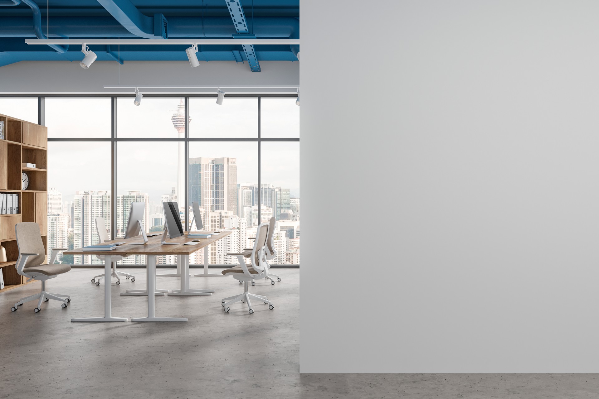 Modern office interior with pc computers and panoramic window. Mock up wall